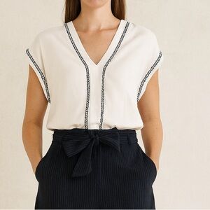 Joie White Blouse with Black Trim